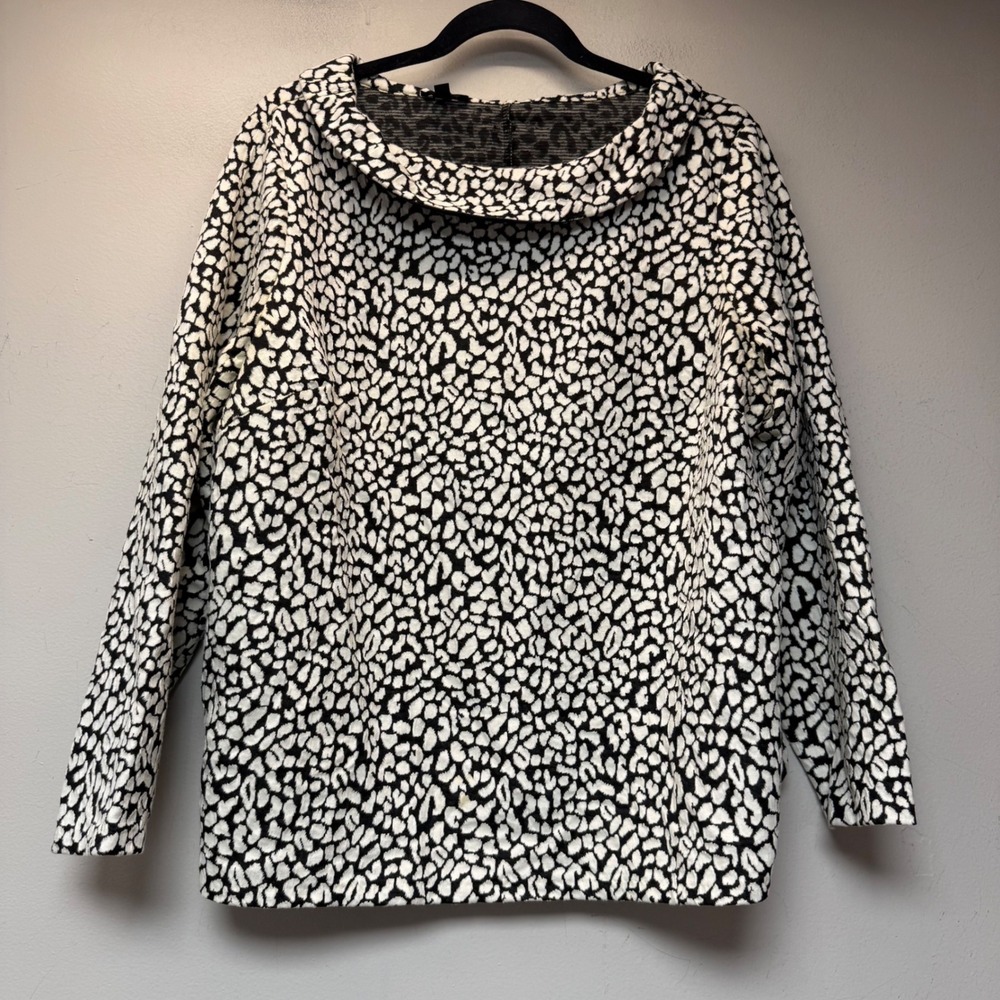 Talbots Blouse Women 2XP Black White Excellent Animal Print Cowl Neck Jacquard